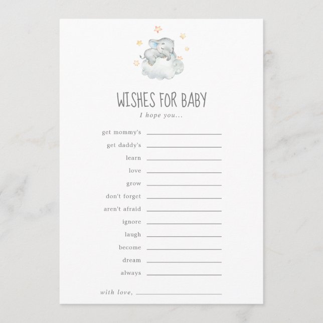 Sleeping Little Elephant Boy Wishes for Baby Game Advice Card (Front)