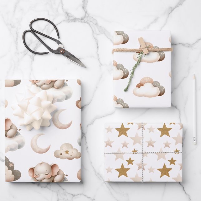 Sleeping Little Elephant, Clouds, Stars Wrapping Paper Sheet (Front)