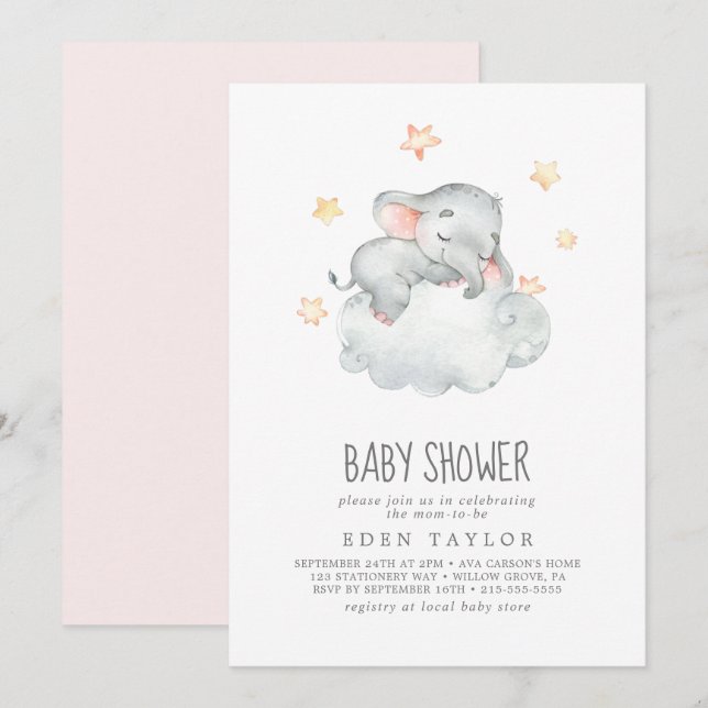 Sleeping Little Elephant Girl Baby Shower Invitation (Front/Back)