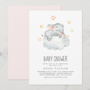Sleeping Little Elephant Girl Baby Shower Invitation