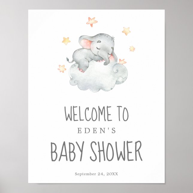 Sleeping Little Elephant Girl Baby Shower Welcome Poster (Front)