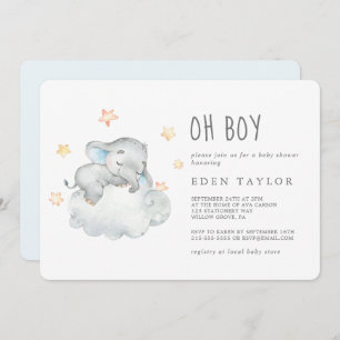 Sleeping Little Elephant Oh Boy Baby Shower Invitation