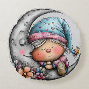 Sleeping Moon and Child Round Pillow