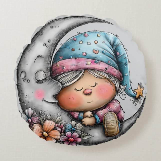 Sleeping Moon and Child Round Pillow (Front)