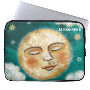 Sleeping Moon with Stars Teal Personalized Laptop Sleeve