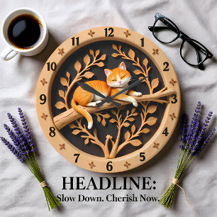 Sleeping Orange Tabby Cat Leaf Large Clock