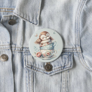 Sleeping Owl in Stacked Floral Teacups 3 Inch Round Button