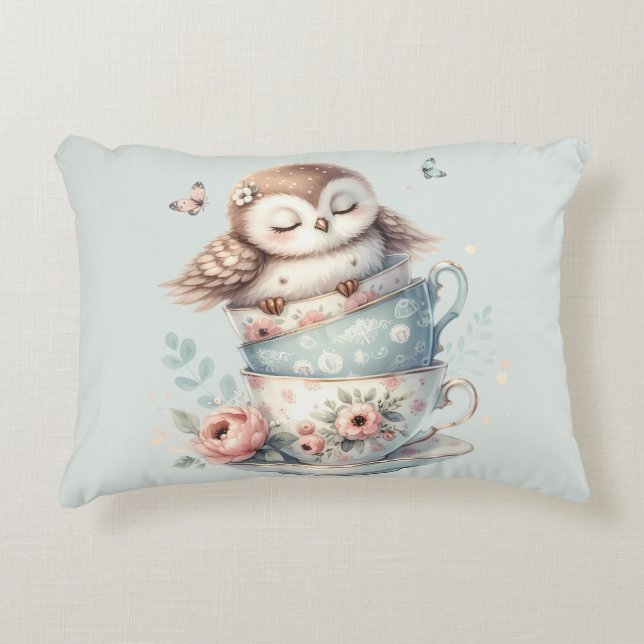 Sleeping Owl in Stacked Floral Teacups Accent Pillow (Front)