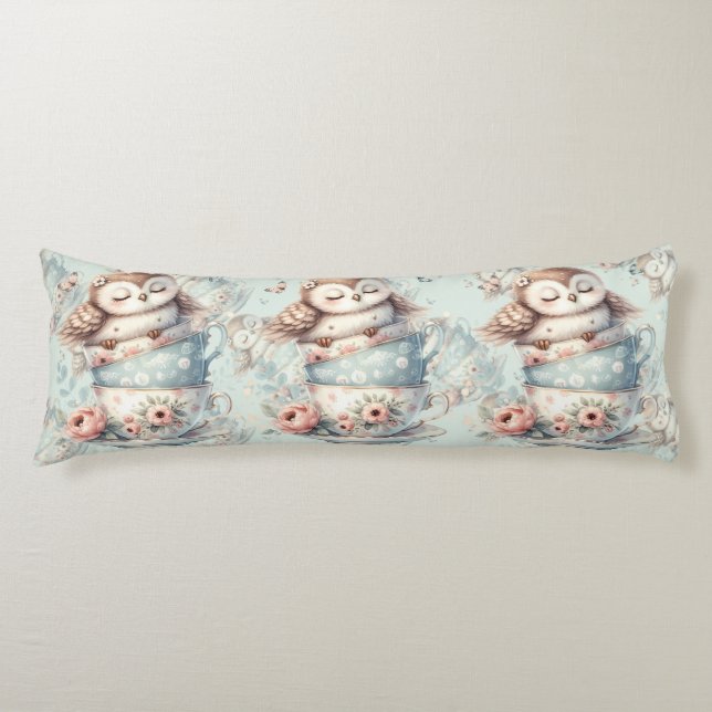 Sleeping Owl in Stacked Floral Teacups Body Pillow (Front)