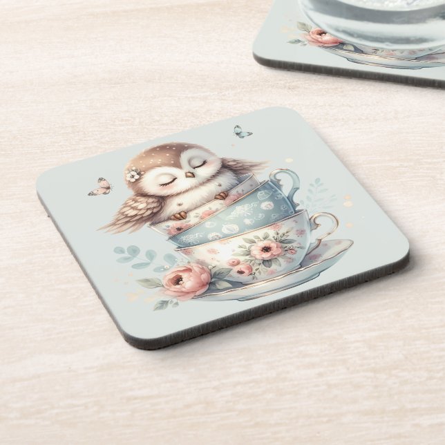 Sleeping Owl in Stacked Floral Teacups Coaster (Left Side)