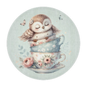 Sleeping Owl in Stacked Floral Teacups Cutting Board