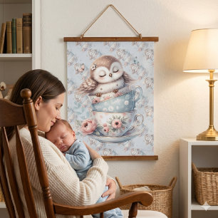 Sleeping Owl in Stacked Floral Teacups Hanging Tapestry