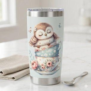 Sleeping Owl in Stacked Floral Teacups Insulated Tumbler