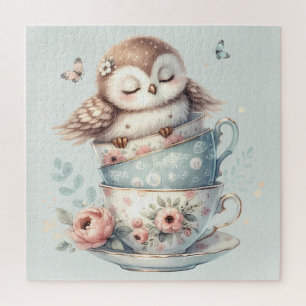 Sleeping Owl in Stacked Floral Teacups Jigsaw Puzzle