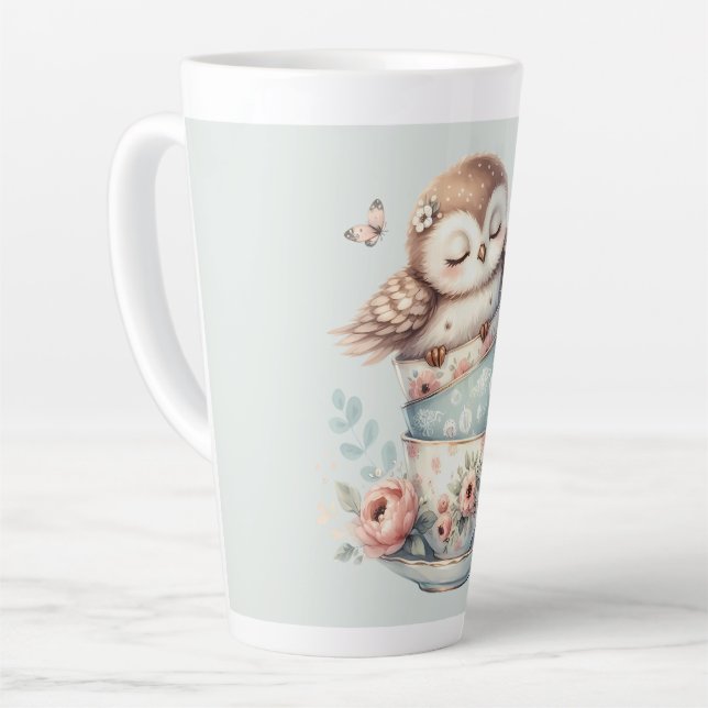 Sleeping Owl in Stacked Floral Teacups Latte Mug (Left Angle)