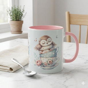 Sleeping Owl in Stacked Floral Teacups Mug