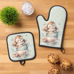 Sleeping Owl in Stacked Floral Teacups Oven Mitt & Pot Holder Set