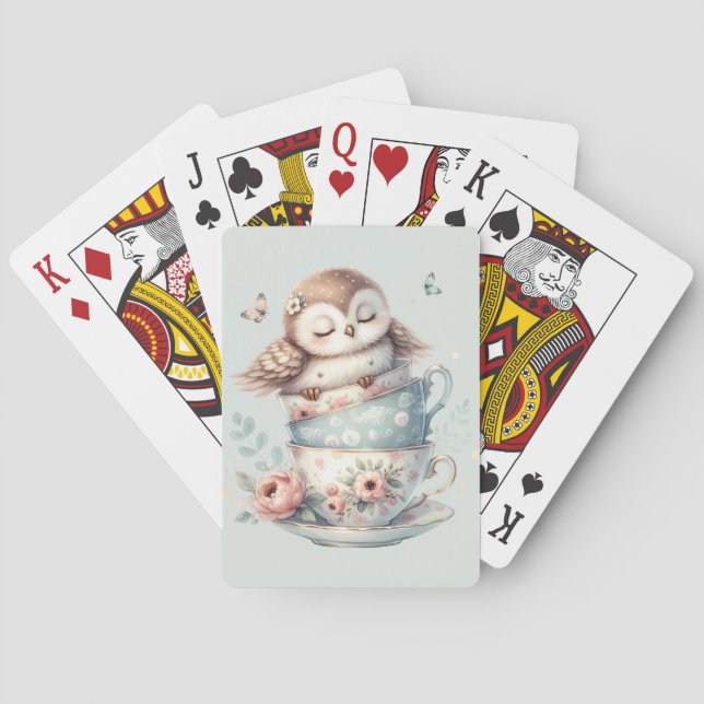 Sleeping Owl in Stacked Floral Teacups Playing Cards (Back)