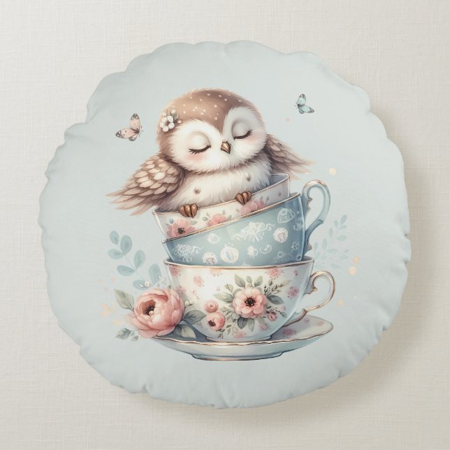 Sleeping Owl in Stacked Floral Teacups Round Pillow (Front)