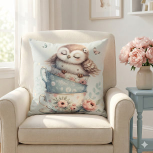 Sleeping Owl in Stacked Floral Teacups Throw Pillow