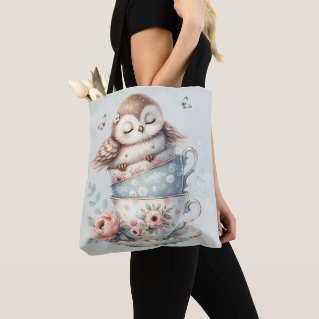 Sleeping Owl in Stacked Floral Teacups Tote Bag (Close Up)