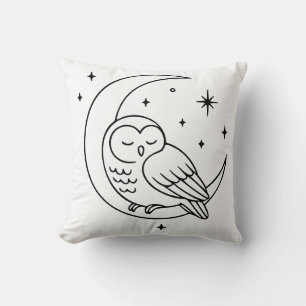 Sleeping Owl on Crescent Moon Line Art Throw Pillow