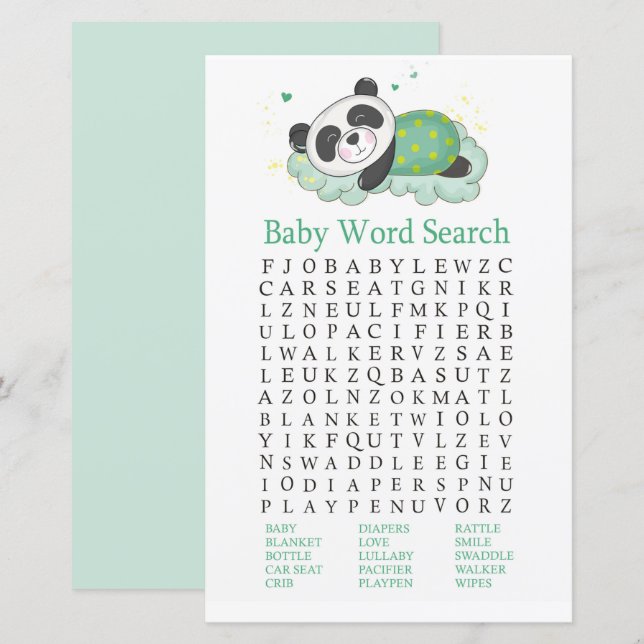 Sleeping panda Baby Shower Word Search Game (Front/Back)