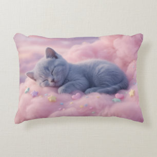 Sleeping Pastel Kitten on Fluffy Pink Clouds Art Accent Pillow