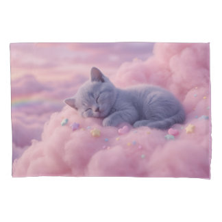 Sleeping Pastel Kitten on Fluffy Pink Clouds Art Pillowcase