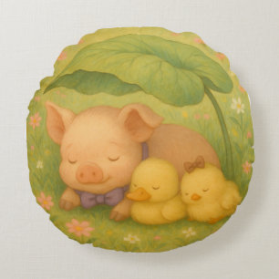 Sleeping Piglet and Ducklings, Watercolor by Nata Round Pillow