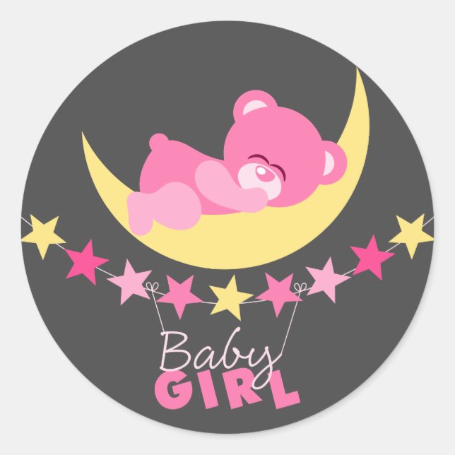 Sleeping Pink Girl Teddy Bear On Moon Baby Shower Classic Round Sticker (Front)