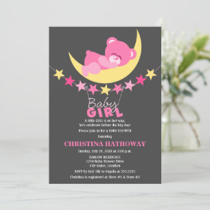 Sleeping Pink Girl Teddy Bear on Moon Baby Shower Invitation