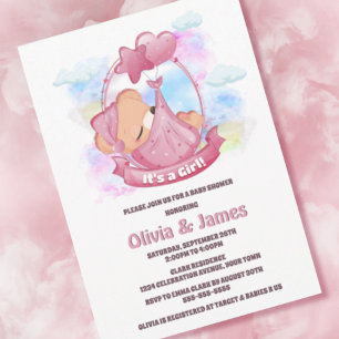 Sleeping Pink Teddy Bear Baby Shower Invitation