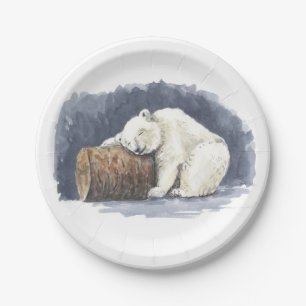 Sleeping polar bear, watercolor art paper plate