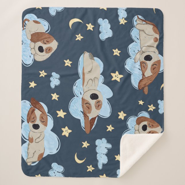 Sleeping Puppies: Good Night Pattern Sherpa Blanket (Front)