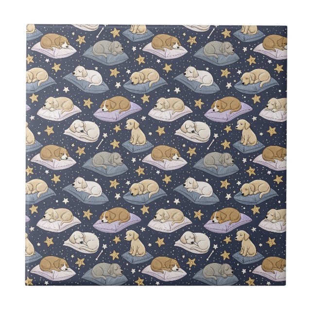 Sleeping Puppies Starry Night - Cute Dog Pattern Tile (Front)