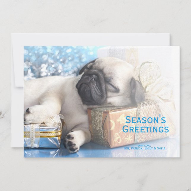 Sleeping  puppy pug and Christmas gifts Holiday Card (Front)