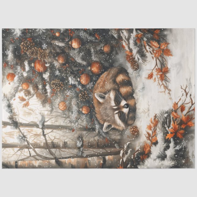 Sleeping Raccoon Rustic Christmas Decoupage Tissue Paper (Front)