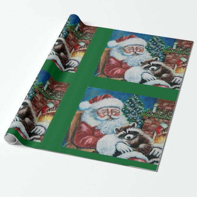 Sleeping Raccoon & Santa Wrapping Paper (Unrolled)