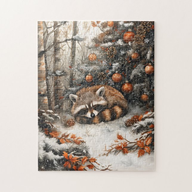 Sleeping Raccoon Whimsical Rustic Christmas Jigsaw Puzzle (Vertical)
