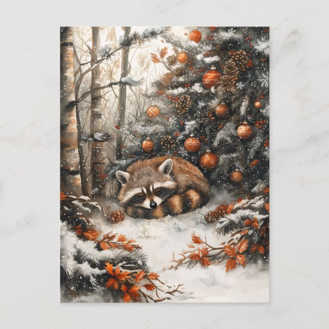 Sleeping Raccoon Whimsical Rustic Christmas Postcard (Front)