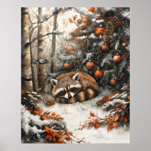 Sleeping Raccoon Whimsical Rustic Christmas Poster