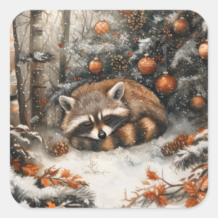 Sleeping Raccoon Whimsical Rustic Christmas Square Sticker