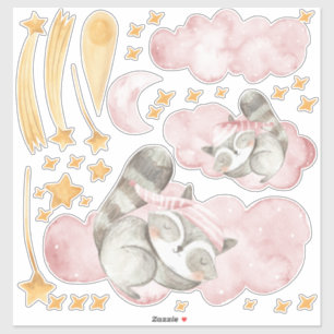 Sleeping Racoons Child's Bedroom Wall Set of Stick