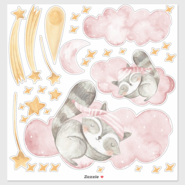 Sleeping Racoons Child's Bedroom Wall Set of Stick (Sheet)