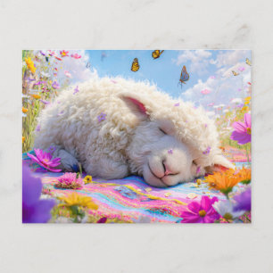 Sleeping sheep on meadow picnic blanket holiday postcard