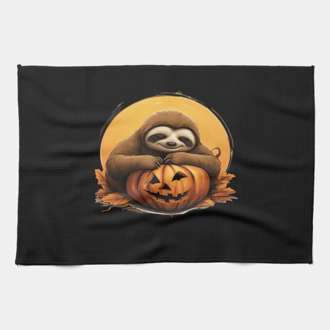 Sleeping Sloth and Halloween Pumpkin Classic T-Shi Kitchen Towel (Horizontal)