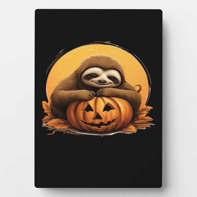 Sleeping Sloth and Halloween Pumpkin Classic T-Shi Plaque (Front)