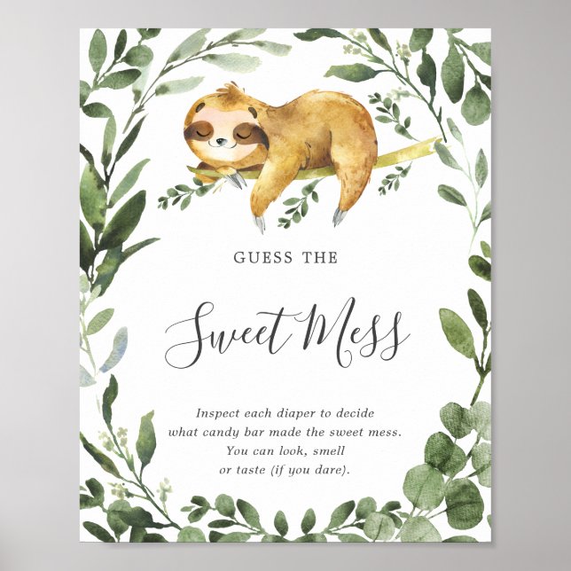 Sleeping Sloth Baby Shower Guess The Sweet Mess Poster (Front)