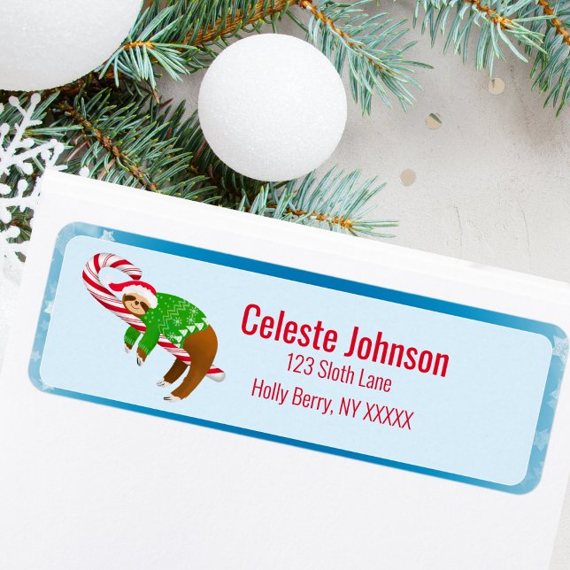 Sleeping Sloth Candy Cane Return Address Label (Creator Uploaded)